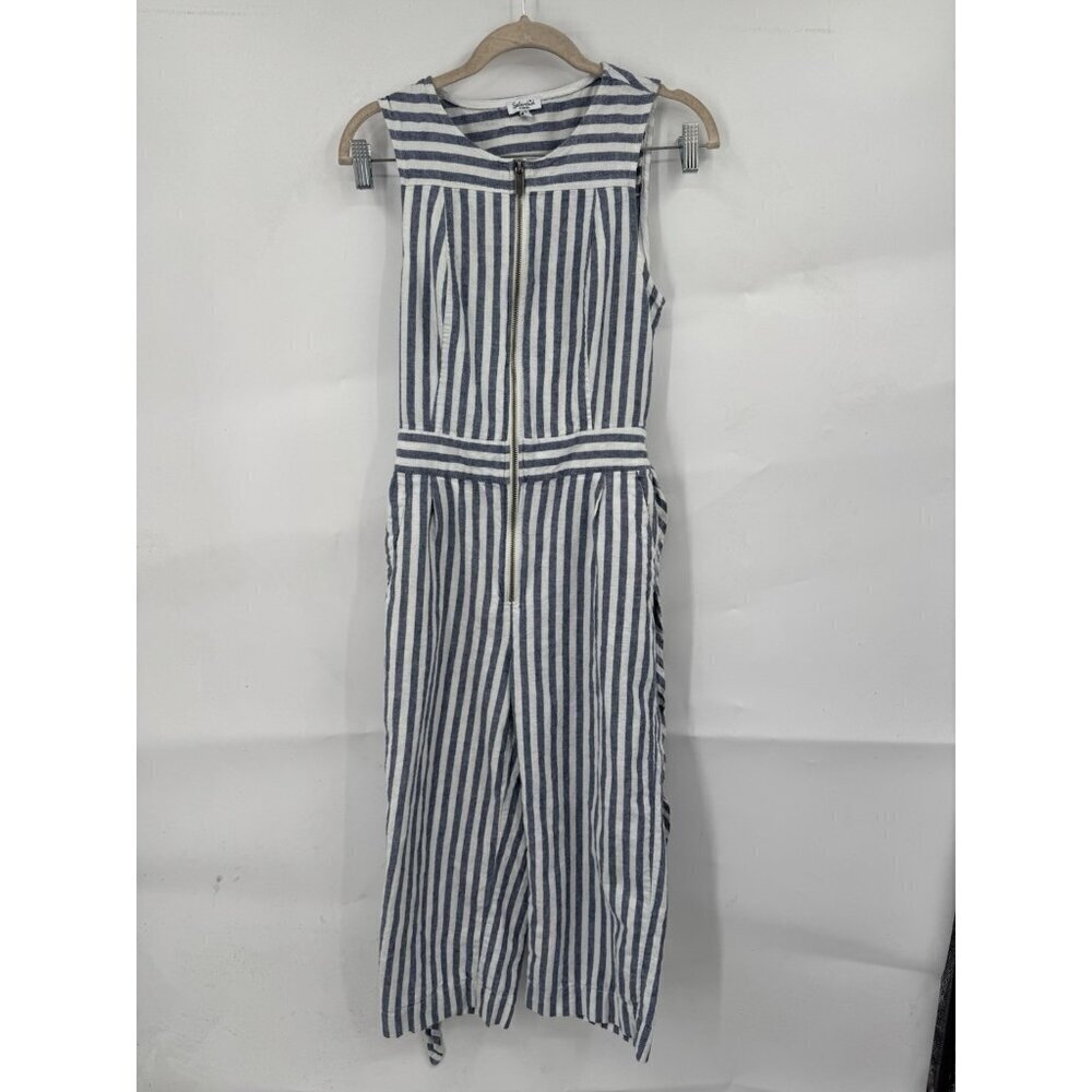 Splendid Striped Cropped Jumpsuit Women XS White Blue Straight Leg Beach Linen‎